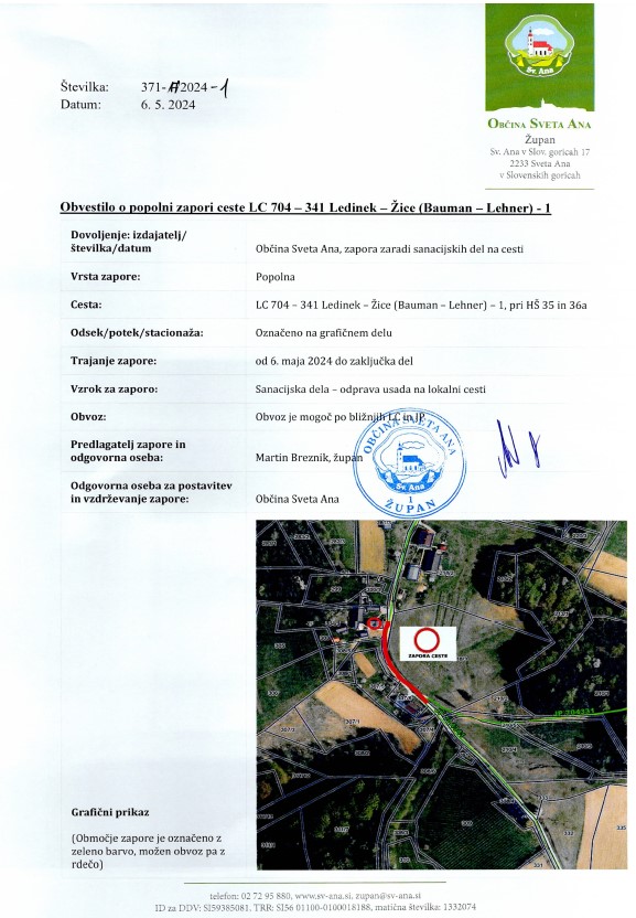 Obvestilo o zapori ceste 6. maj