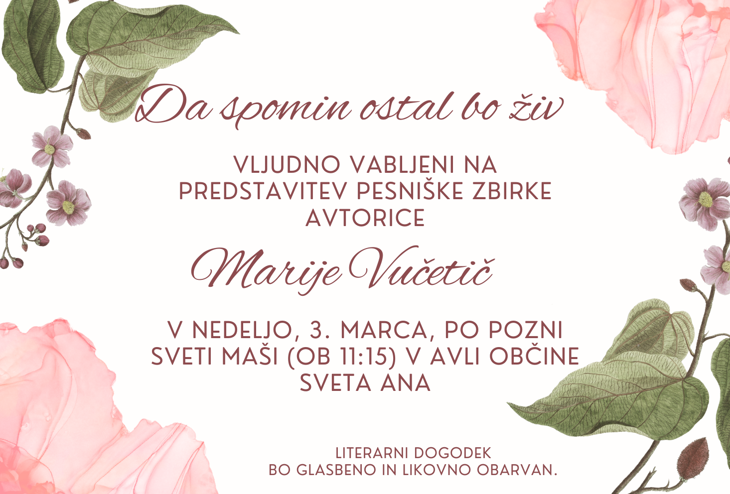 VLJUDNO VABLJENI NA PREDSTAVITEV PESNIŠKE ZBIRKE AVTORICE