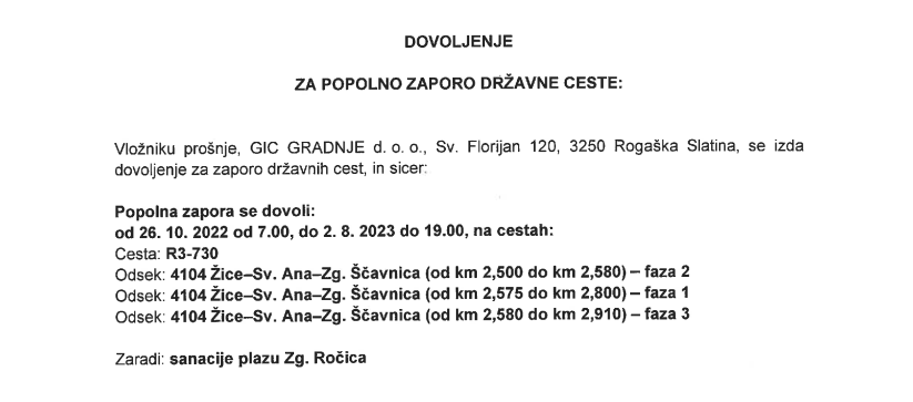 Dovoljenje za zaporo ceste